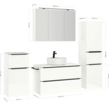 Badezimmer-Set mit Waschbecken, Unterschrank, Spiegelschrank und Hochschrank mit Maßangaben