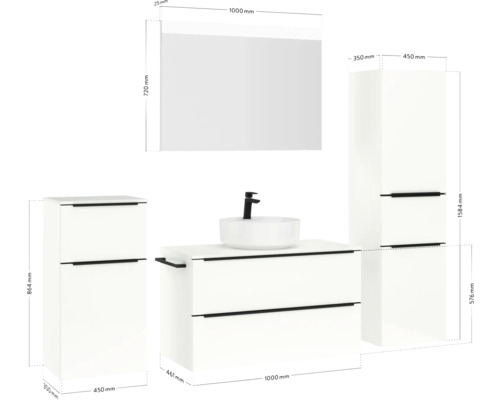 Badezimmermöbelset mit Waschtisch, Waschbecken, Spiegelschrank und Hochschrank