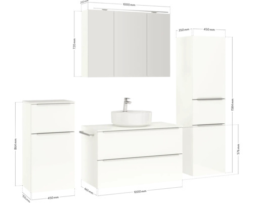 Badezimmer Set mit Waschtisch, Waschbecken, Spiegelschrank und Hochschränken mit Maßangaben