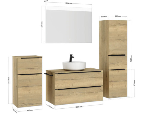 Badmöbelset mit Waschtisch, Spiegel und Seitenschränken in Holzoptik