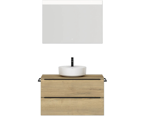 Badmöbel-Set NOBILIA Programm 3 BxHxT 101 x 169,1 x 48,7 cm Frontfarbe eiche natur mit Aufsatz-Waschtisch weiß und Spiegel mit LED-Beleuchtung Griffleiste schwarz 447