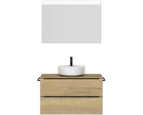 Badmöbel-Set NOBILIA Programm 3 BxHxT 101 x 169,1 x 48,7 cm Frontfarbe eiche natur mit Aufsatz-Waschtisch weiß und Spiegel mit LED-Beleuchtung Griffleiste schwarz 447 Badezimmer-Set mit Waschtischunterschrank in Holzoptik, Aufsatzwaschbecken und beleuchtetem Spiegel