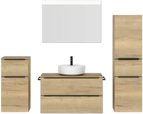 Badmöbel-Set NOBILIA Programm 3 BxHxT 210 x 169,1 x 48,7 cm Frontfarbe eiche natur mit Aufsatz-Waschtisch weiß und Spiegel mit LED-Beleuchtung Midischrank Unterschrank Griffleiste schwarz 471 Badmöbel-Set NOBILIA Programm 3 BxHxT 210 x 169,1 x 48,7 cm Frontfarbe eiche natur mit Aufsatz-Waschtisch weiß und Spiegel mit LED-Beleuchtung Midischrank Unterschrank Griffleiste schwarz 471