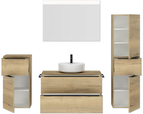 Badezimmer-Set mit Waschtisch, Aufsatzwaschbecken, Spiegelschrank und zwei Seitenschränken in Holzoptik