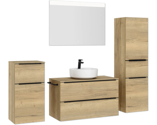 Badezimmer-Set mit Waschtisch, Waschbecken, Spiegelschrank und Hochschrank in Holzoptik