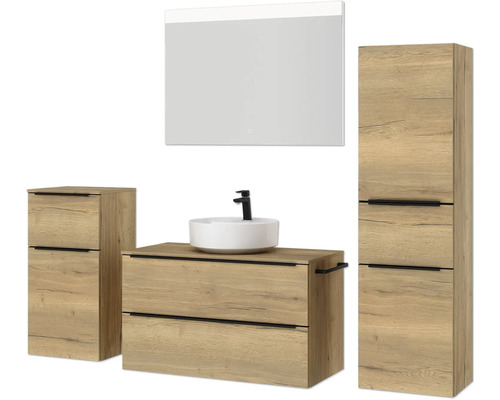 Badezimmer-Set mit Waschtisch, Aufsatzwaschbecken, Spiegelschrank und Hochschrank