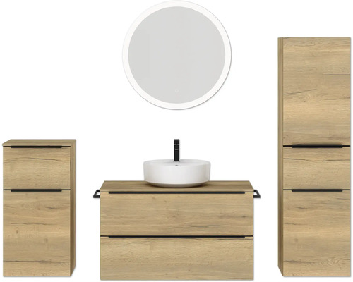Badmöbel-Set NOBILIA Programm 3 BxHxT 210 x 169,1 x 48,7 cm Frontfarbe eiche natur mit Aufsatz-Waschtisch weiß und Spiegel rund mit LED-Beleuchtung Midischrank Unterschrank Griffleiste schwarz 487 Badmöbel-Set NOBILIA Programm 3 BxHxT 210 x 169,1 x 48,7 cm Frontfarbe eiche natur mit Aufsatz-Waschtisch weiß und Spiegel rund mit LED-Beleuchtung Midischrank Unterschrank Griffleiste schwarz 487