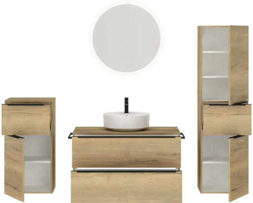 Badezimmerensemble mit Waschbecken, Unterschrank, Spiegelschrank und Hochschrank
