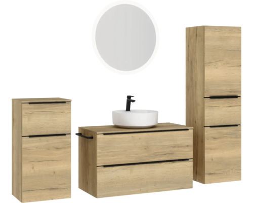 Badezimmer-Set mit Waschtisch, Waschbecken, Spiegelschrank und Hochschrank