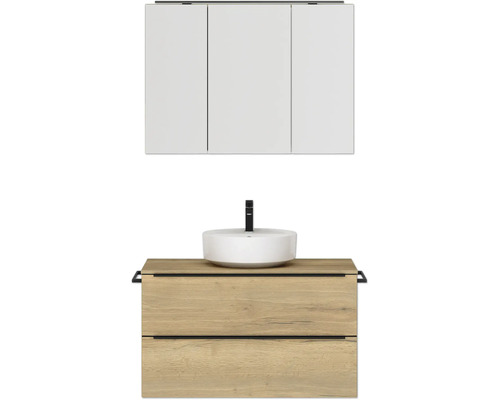 Badmöbel-Set NOBILIA Programm 3 BxHxT 101 x 169,1 x 48,7 cm Frontfarbe eiche natur mit Aufsatz-Waschtisch und Spiegelschrank 3-türig mit LED-Beleuchtung Griffleiste schwarz 455 Badmöbel-Set NOBILIA Programm 3 BxHxT 101 x 169,1 x 48,7 cm Frontfarbe eiche natur mit Aufsatz-Waschtisch und Spiegelschrank 3-türig mit LED-Beleuchtung Griffleiste schwarz 455