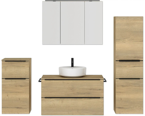 Badmöbel-Set NOBILIA Programm 3 BxHxT 210 x 169,1 x 48,7 cm Frontfarbe eiche natur mit Aufsatz-Waschtisch und Spiegelschrank 3-türig mit LED-Beleuchtung Unterschrank Midischrank Griffleiste schwarz 479 Badmöbel-Set NOBILIA Programm 3 BxHxT 210 x 169,1 x 48,7 cm Frontfarbe eiche natur mit Aufsatz-Waschtisch und Spiegelschrank 3-türig mit LED-Beleuchtung Unterschrank Midischrank Griffleiste schwarz 479
