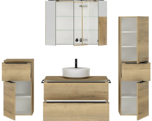 Badezimmer-Set mit Waschtisch, Spiegel und Schränken im modernen Design