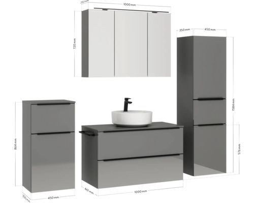 Badezimmer Set mit Waschbecken, Unterschrank, Hängeschrank und Seitenschrank mit Maßangaben