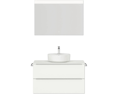 Badmöbel-Set NOBILIA Programm 3 BxHxT 101 x 169,1 x 48,7 cm Frontfarbe weiß matt mit Aufsatz-Waschtisch weiß und Spiegel mit LED-Beleuchtung Griffleiste chrom matt 440