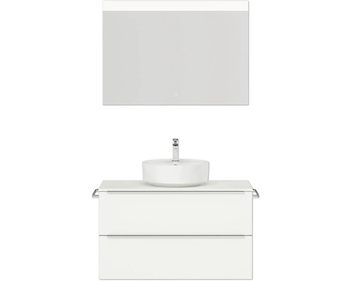 Badmöbel-Set NOBILIA Programm 3 BxHxT 101 x 169,1 x 48,7 cm Frontfarbe weiß matt mit Aufsatz-Waschtisch weiß und Spiegel mit LED-Beleuchtung Griffleiste chrom matt 440 Waschtischkombination mit Aufsatzwaschbecken und Spiegelschrank