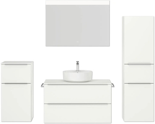 Badmöbel-Set NOBILIA Programm 3 BxHxT 210 x 169,1 x 48,7 cm Frontfarbe weiß matt mit Aufsatz-Waschtisch weiß und Spiegel mit LED-Beleuchtung Midischrank Unterschrank Griffleiste chrom matt 464