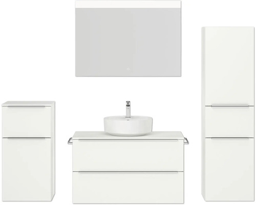 Badmöbel-Set NOBILIA Programm 3 BxHxT 210 x 169,1 x 48,7 cm Frontfarbe weiß matt mit Aufsatz-Waschtisch weiß und Spiegel mit LED-Beleuchtung Midischrank Unterschrank Griffleiste chrom matt 464 Badmöbel-Set NOBILIA Programm 3 BxHxT 210 x 169,1 x 48,7 cm Frontfarbe weiß matt mit Aufsatz-Waschtisch weiß und Spiegel mit LED-Beleuchtung Midischrank Unterschrank Griffleiste chrom matt 464