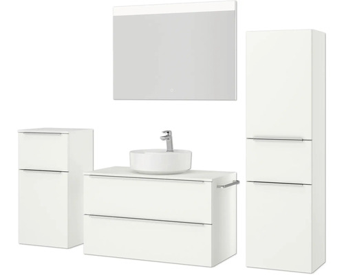 Badezimmer Set mit Waschtisch, Aufsatzwaschbecken, Spiegelschrank und Hochschrank