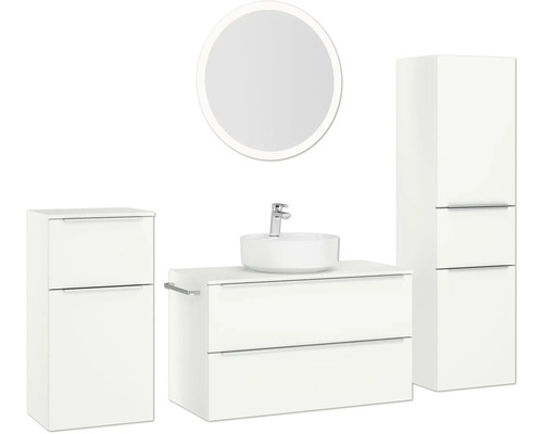 Badezimmerensemble mit Waschtisch, Aufsatzwaschbecken, Spiegelschrank und Hochschrank für ein helles, modernes Ambiente.