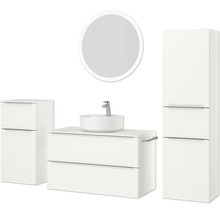 Badezimmerensemble mit Waschtisch, Waschbecken, Spiegelschrank und Hochschrank