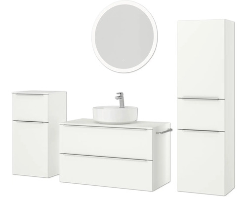 Badezimmerensemble mit Waschtisch, Waschbecken, Spiegelschrank und Hochschrank