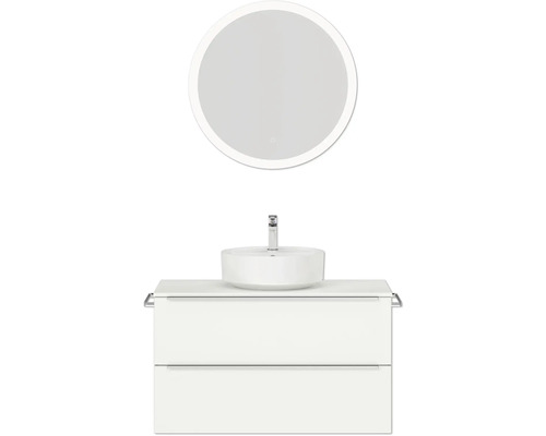 Badmöbel-Set NOBILIA Programm 3 BxHxT 101 x 169,1 x 48,7 cm Frontfarbe weiß matt mit Aufsatz-Waschtisch weiß und Spiegel rund mit LED-Beleuchtung Griffleiste chrom matt 456