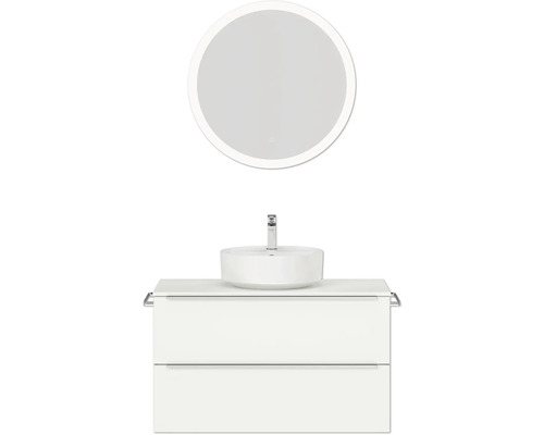 Badmöbel-Set NOBILIA Programm 3 BxHxT 101 x 169,1 x 48,7 cm Frontfarbe weiß matt mit Aufsatz-Waschtisch weiß und Spiegel rund mit LED-Beleuchtung Griffleiste chrom matt 456 Badezimmer mit Aufsatzwaschbecken, Unterschrank und LED Spiegel