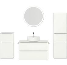 Badezimmerensemble mit Waschbecken, Unterschrank, Hochschrank und rundem Spiegel