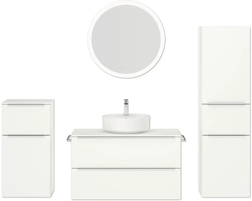 Badmöbel-Set NOBILIA Programm 3 BxHxT 210 x 169,1 x 48,7 cm Frontfarbe weiß matt mit Aufsatz-Waschtisch weiß und Spiegel rund mit LED-Beleuchtung Midischrank Unterschrank Griffleiste chrom matt 480 Badmöbel-Set NOBILIA Programm 3 BxHxT 210 x 169,1 x 48,7 cm Frontfarbe weiß matt mit Aufsatz-Waschtisch weiß und Spiegel rund mit LED-Beleuchtung Midischrank Unterschrank Griffleiste chrom matt 480