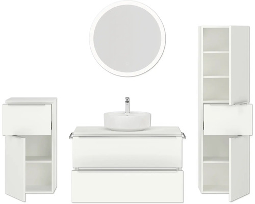 Badezimmer-Set mit Waschtisch, Waschbecken, Spiegelschrank und Hochschrank