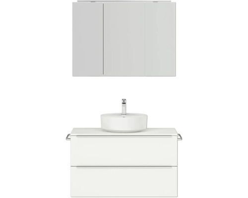 Badmöbel-Set NOBILIA Programm 3 BxHxT 101 x 169,1 x 48,7 cm Frontfarbe weiß matt mit Aufsatz-Waschtisch und Spiegelschrank 3-türig mit LED-Beleuchtung Griffleiste chrom matt 448 Badmöbel-Set NOBILIA Programm 3 BxHxT 101 x 169,1 x 48,7 cm Frontfarbe weiß matt mit Aufsatz-Waschtisch und Spiegelschrank 3-türig mit LED-Beleuchtung Griffleiste chrom matt 448