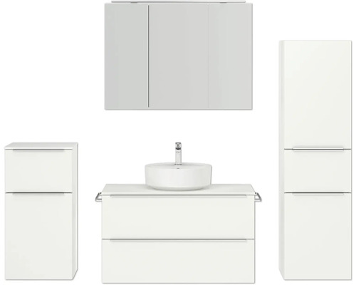 Badmöbel-Set NOBILIA Programm 3 BxHxT 210 x 169,1 x 48,7 cm Frontfarbe weiß matt mit Aufsatz-Waschtisch und Spiegelschrank 3-türig mit LED-Beleuchtung Unterschrank Midischrank Griffleiste chrom matt 472 Badmöbel-Set NOBILIA Programm 3 BxHxT 210 x 169,1 x 48,7 cm Frontfarbe weiß matt mit Aufsatz-Waschtisch und Spiegelschrank 3-türig mit LED-Beleuchtung Unterschrank Midischrank Griffleiste chrom matt 472