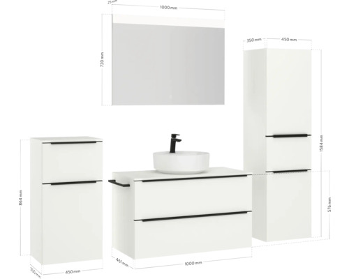 Badezimmerset mit Waschtisch, Waschbecken, Spiegel und Hochschränken