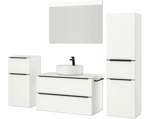 Badezimmerensemble mit Waschtischunterschrank, Aufsatzwaschbecken, Spiegelschrank und Hochschrank