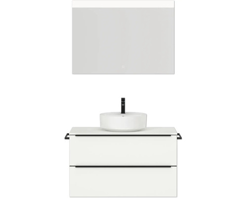 Badmöbel-Set NOBILIA Programm 3 BxHxT 101 x 169,1 x 48,7 cm Frontfarbe weiß matt mit Aufsatz-Waschtisch weiß und Spiegel mit LED-Beleuchtung Griffleiste schwarz 441