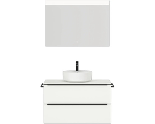 Badmöbel-Set NOBILIA Programm 3 BxHxT 101 x 169,1 x 48,7 cm Frontfarbe weiß matt mit Aufsatz-Waschtisch weiß und Spiegel mit LED-Beleuchtung Griffleiste schwarz 441 Waschtischkombination mit Aufsatzwaschbecken und Spiegelschrank für das Badezimmer