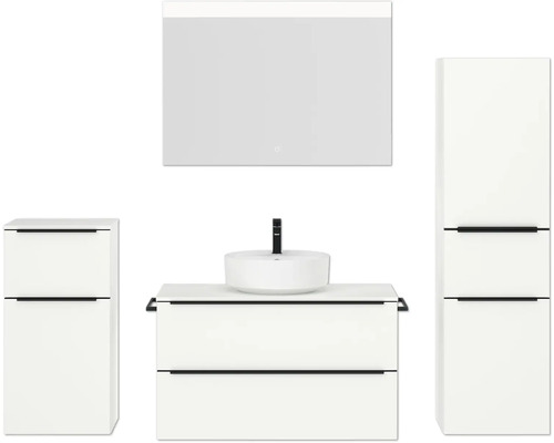 Badmöbel-Set NOBILIA Programm 3 BxHxT 210 x 169,1 x 48,7 cm Frontfarbe weiß matt mit Aufsatz-Waschtisch weiß und Spiegel mit LED-Beleuchtung Midischrank Unterschrank Griffleiste schwarz 465