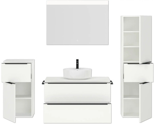 Badezimmer-Set mit Waschtisch, Waschbecken, Spiegelschrank und Hochschränken