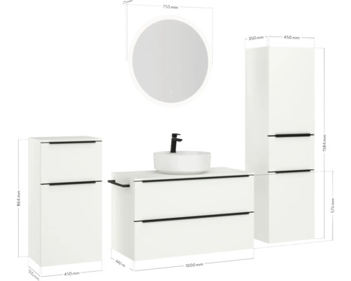 Badezimmerensemble mit Waschtischunterschrank, Waschtisch, Spiegelschrank und Hochschrank