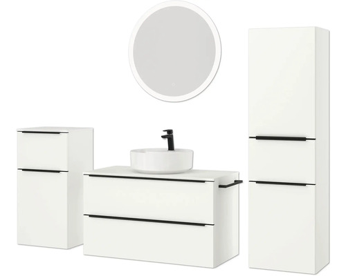 Badezimmerensemble mit Waschtischunterschrank, Aufsatzwaschbecken, Spiegelschrank und Hochschrank