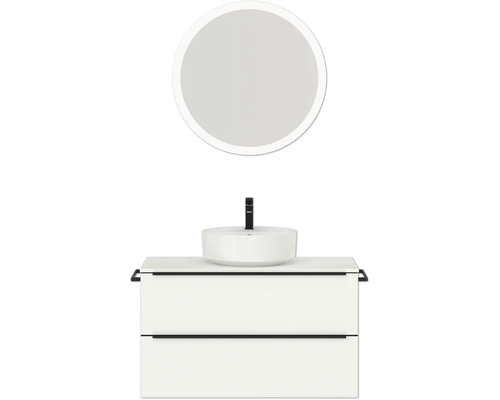 Badmöbel-Set NOBILIA Programm 3 BxHxT 101 x 169,1 x 48,7 cm Frontfarbe weiß matt mit Aufsatz-Waschtisch weiß und Spiegel rund mit LED-Beleuchtung Griffleiste schwarz 457