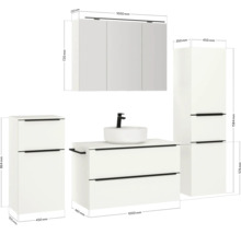 Badezimmer Set mit Waschtisch, Waschbecken, Spiegelschrank und Hochschrank mit Maßangaben