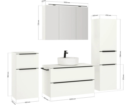 Badezimmer Set mit Waschtisch, Waschbecken, Spiegelschrank und Hochschrank mit Maßangaben