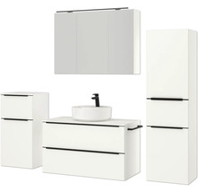 Badezimmermöbelset mit Waschtisch, Aufsatzwaschbecken, Hochschrank, Unterschrank und Spiegelschrank für ein helles, organisiertes Badezimmer
