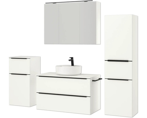 Badezimmermöbelset mit Waschtisch, Aufsatzwaschbecken, Hochschrank, Unterschrank und Spiegelschrank für ein helles, organisiertes Badezimmer
