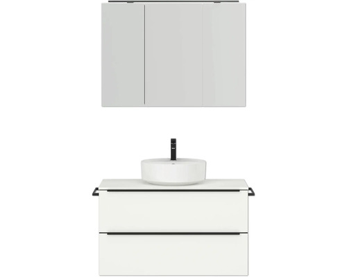 Badmöbel-Set NOBILIA Programm 3 BxHxT 101 x 169,1 x 48,7 cm Frontfarbe weiß matt mit Aufsatz-Waschtisch und Spiegelschrank 3-türig mit LED-Beleuchtung Griffleiste schwarz 449 Badmöbel-Set NOBILIA Programm 3 BxHxT 101 x 169,1 x 48,7 cm Frontfarbe weiß matt mit Aufsatz-Waschtisch und Spiegelschrank 3-türig mit LED-Beleuchtung Griffleiste schwarz 449