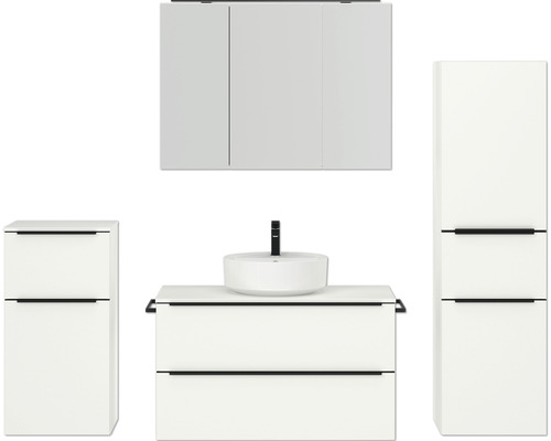 Badmöbel-Set NOBILIA Programm 3 BxHxT 210 x 169,1 x 48,7 cm Frontfarbe weiß matt mit Aufsatz-Waschtisch und Spiegelschrank 3-türig mit LED-Beleuchtung Unterschrank Midischrank Griffleiste schwarz 473 Badmöbel-Set NOBILIA Programm 3 BxHxT 210 x 169,1 x 48,7 cm Frontfarbe weiß matt mit Aufsatz-Waschtisch und Spiegelschrank 3-türig mit LED-Beleuchtung Unterschrank Midischrank Griffleiste schwarz 473