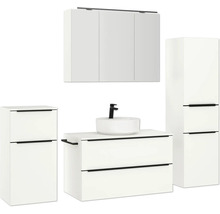 Badezimmerensemble mit Waschtisch, Aufsatzwaschbecken, Spiegelschrank und Hochschrank