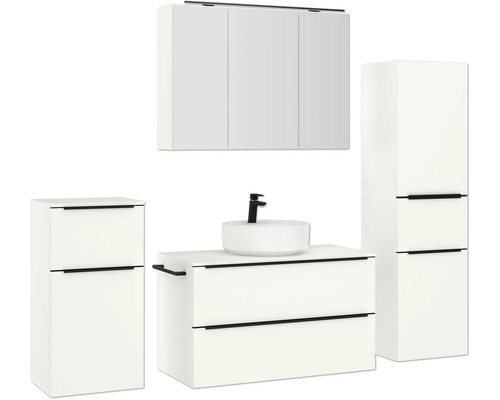 Badezimmerensemble mit Waschtisch, Aufsatzwaschbecken, Spiegelschrank und Hochschrank