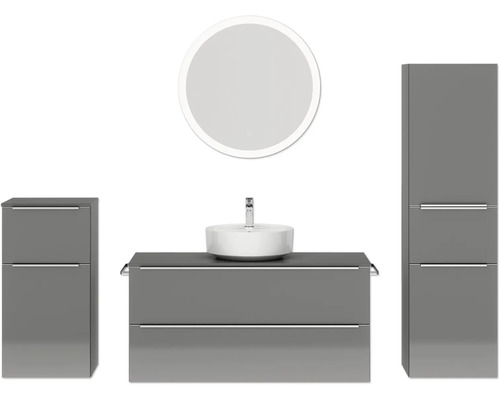 Badmöbel-Set NOBILIA Programm 3 BxHxT 230 x 169,1 x 48,7 cm Frontfarbe grau hochglanz mit Aufsatz-Waschtisch weiß und Spiegel rund mit LED-Beleuchtung Midischrank Unterschrank Griffleiste chrom matt 540 Badezimmer mit Waschbecken, Spiegel und Schränken